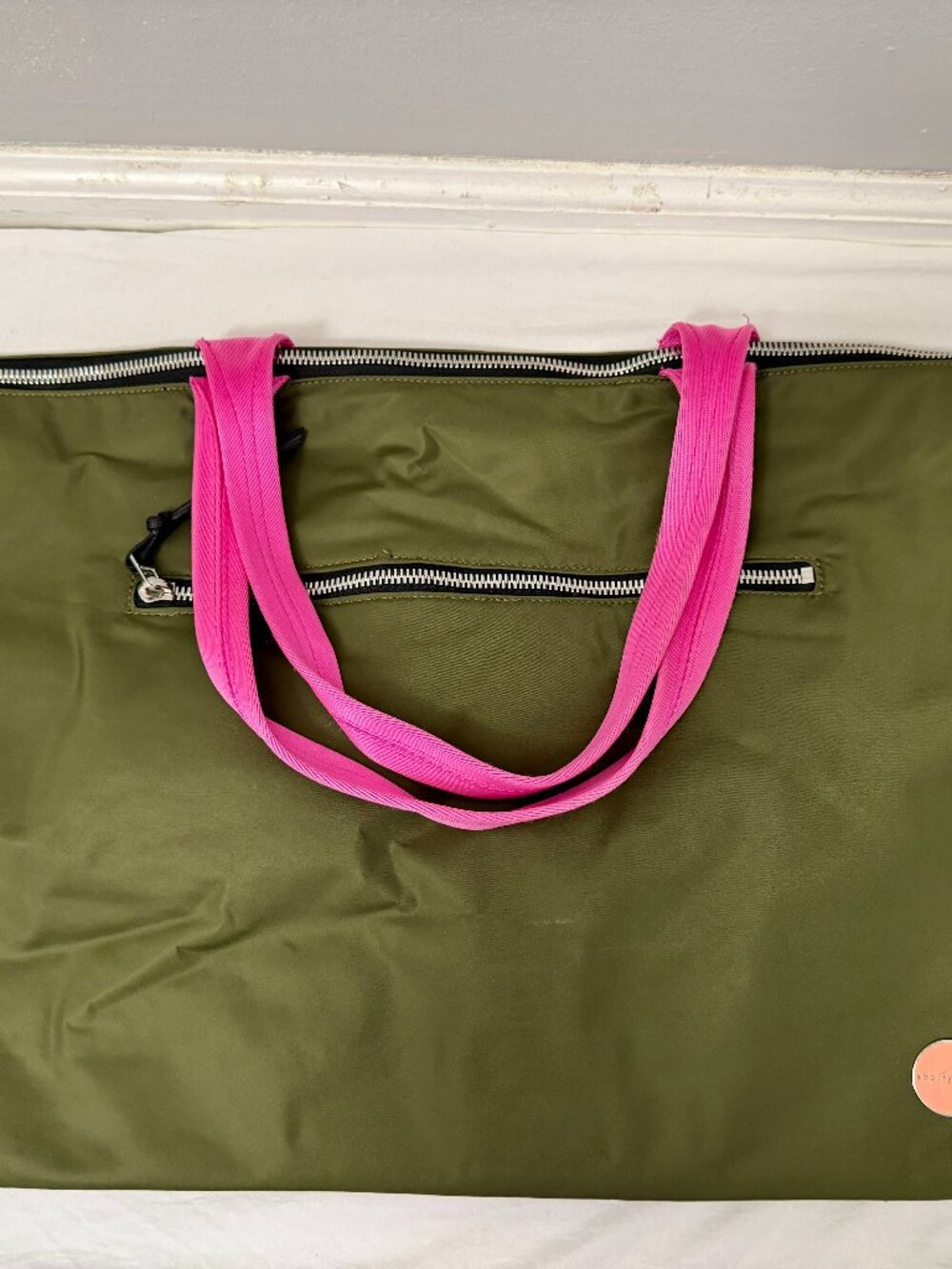 shortyLOVE Olive Green Nylon Weekender Duffel Bag with Pink Straps